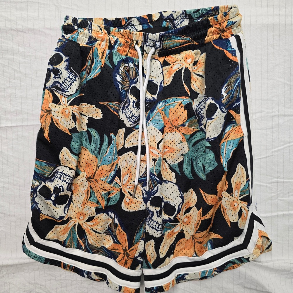 No Boundaries Mens Skull Tropical Mesh Basketball Shorts Small 28-30 Black